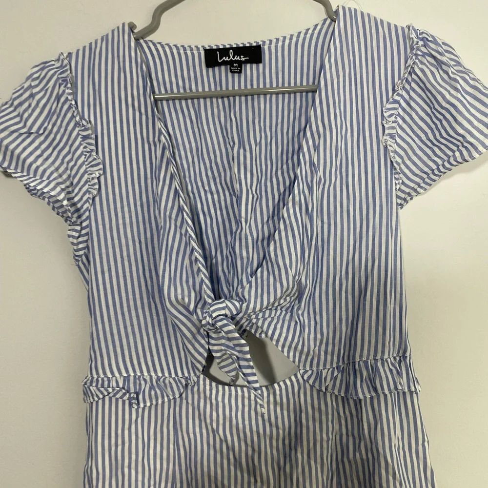 LULUS BLUE WHITE V-Neck Floral Skater Dress Mini Sleeveless - Picture 3 of 8
